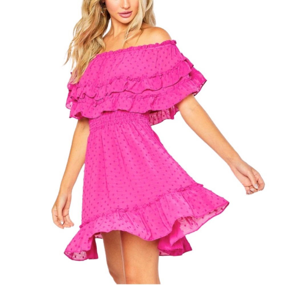 Bluivy Swiss Dot Ruffle Off The Shoulder Dress